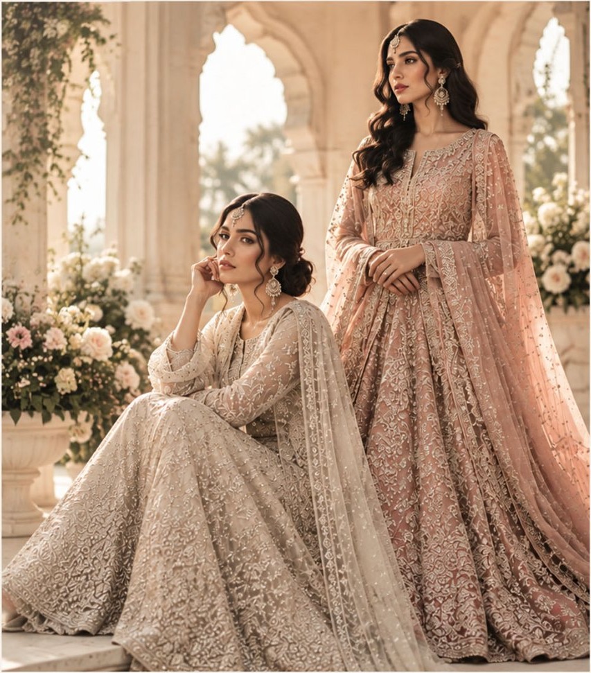 Two brides in champagne and rose embellished bridal wear