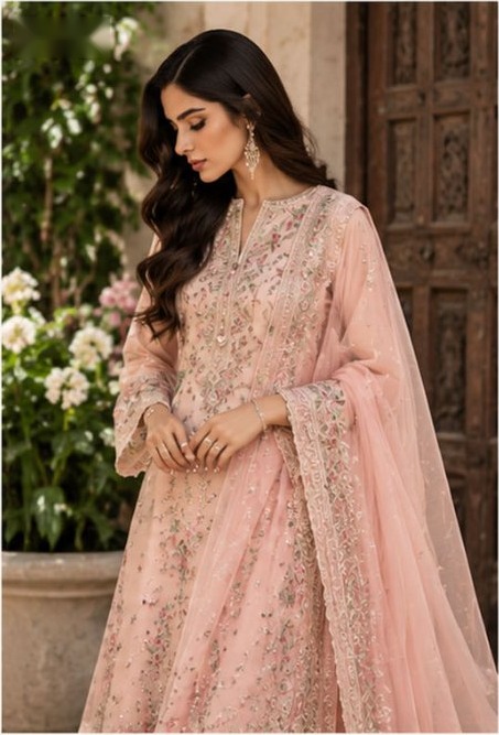 Celestia Crown blush pink embroidered suit