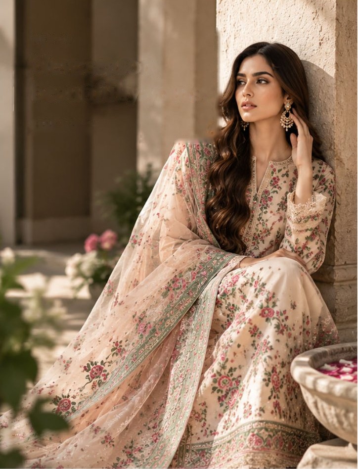 Model in a blush floral embroidered suit seated beside a stone column