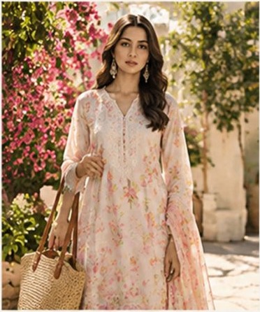 Peach floral lawn suit with a straw bag