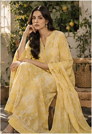 Lemon yellow embroidered lawn suit